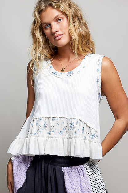 Floral Print Patch Ribbed Tank with Double Gauze Ruffle Accents | Tigbuls