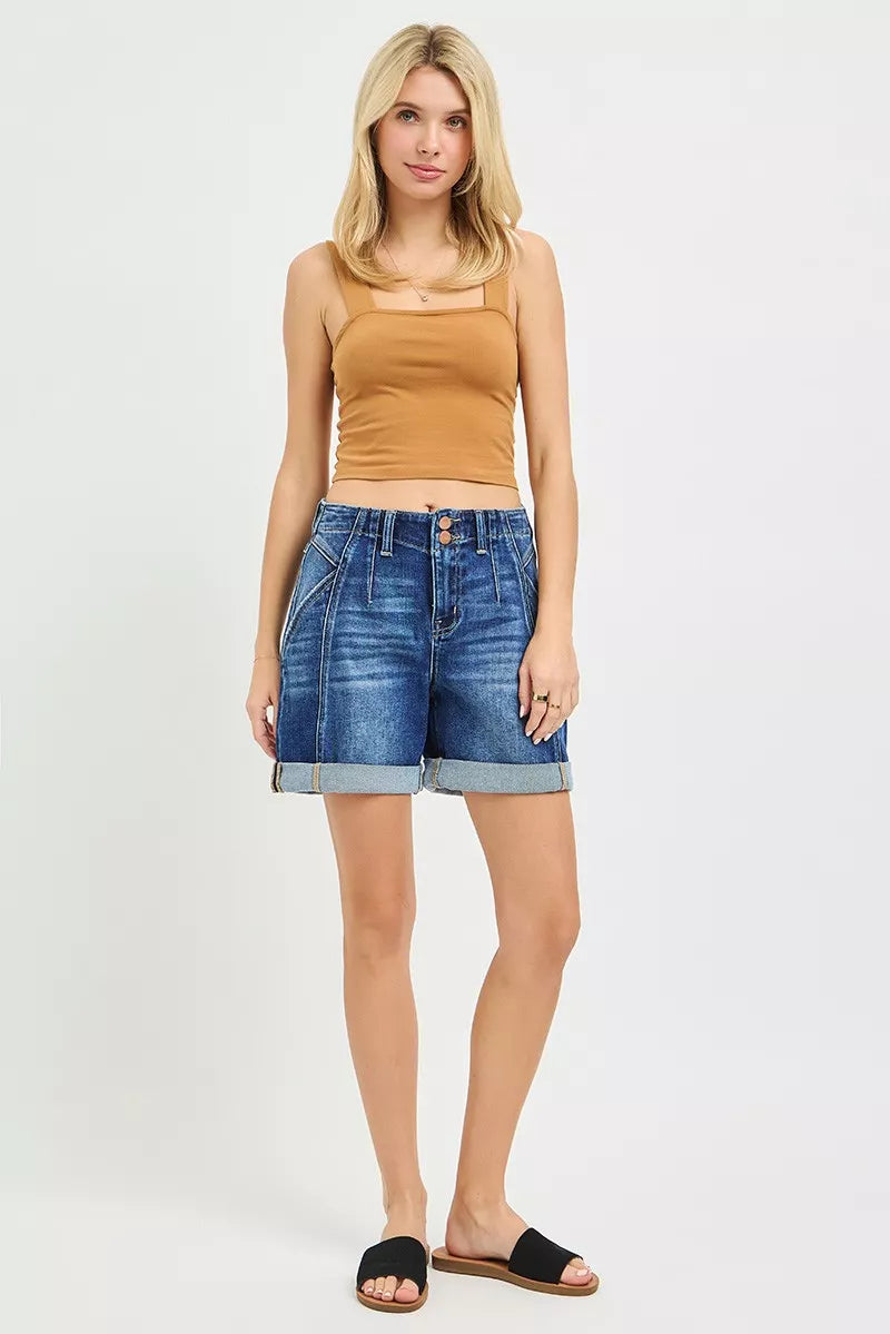 High rise roll-up denim shorts, dark blue wash, cuffed hems and button closure