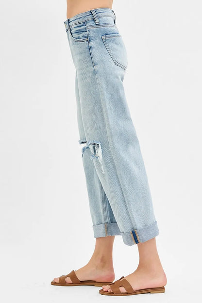 RISEN Full Size Mid Rise Fit Boyfriend Jeans with Cuff Plus Size - Tigbul's Variety Fashion Shop