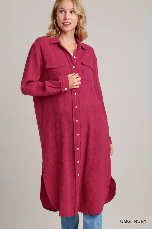 Umgee Cotton Gauze Button Down Shirt Dress - Tigbul's Variety Fashion Shop