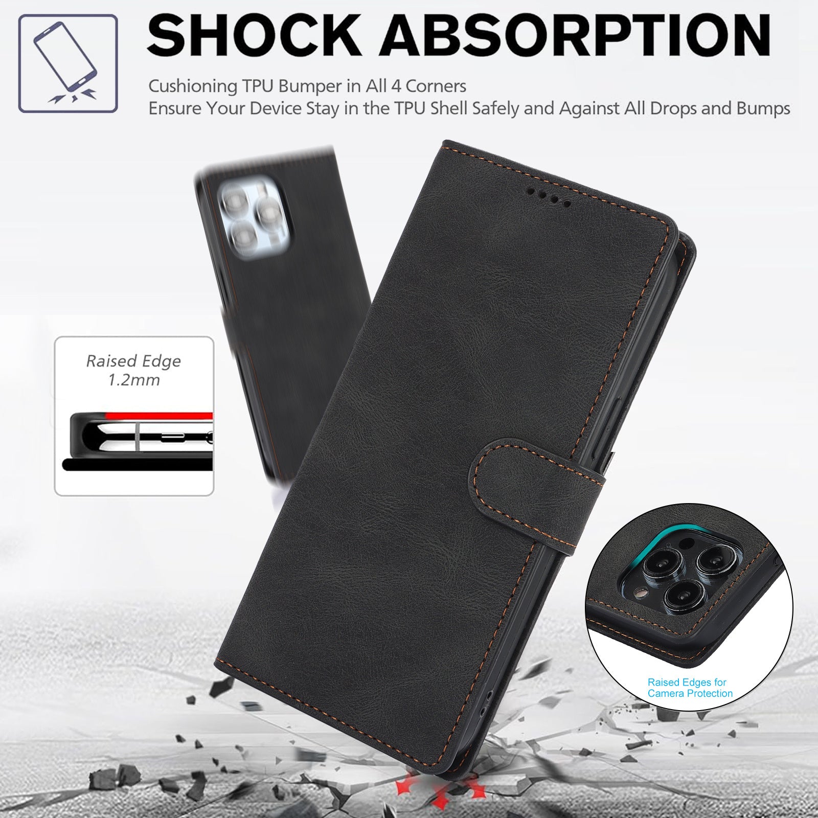Schwarze Wallet-Handyhülle mit Klappdeckel und Hülle mit Aussparung für Kamera