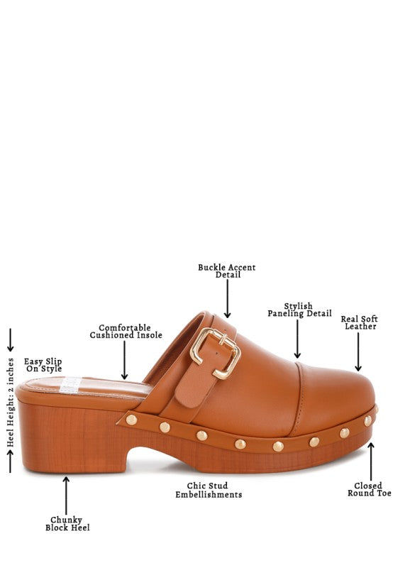 Pinto studded genuine leather clogs, tan buckle strap and studded block heel