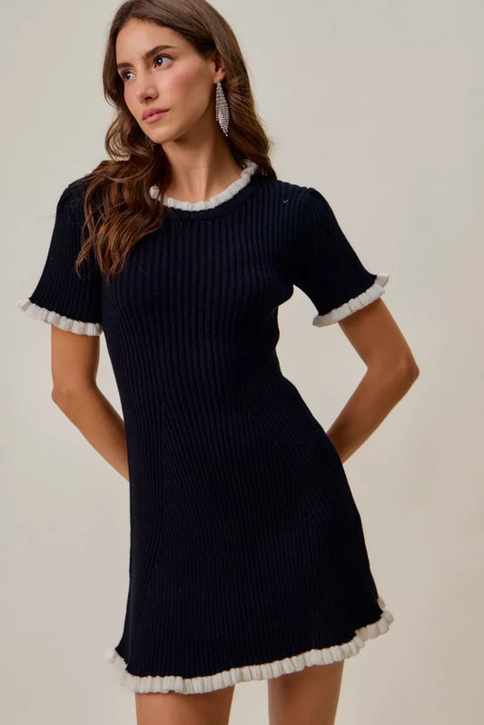 SO ME Contrast Ruffled Sweater Knit Mini Dress - Tigbul's Variety Fashion Shop