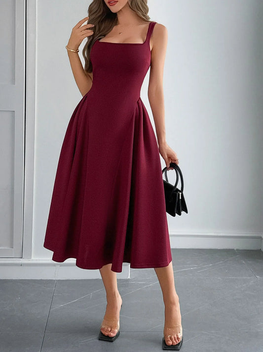 Square Neck Wide Strap Midi Dress - Tigbul's Variety Fashion Shop