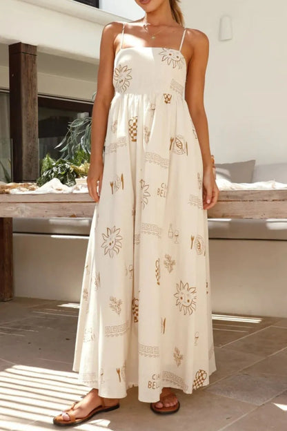 Cutout Back Printed Square Neck Maxi Cami Dress - Tigbul's Variety Fashion Shop