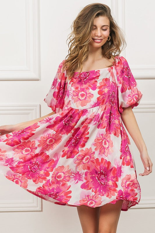 Pink Floral Square Neck Puff Sleeve Mini Dress | Tigbuls Variety