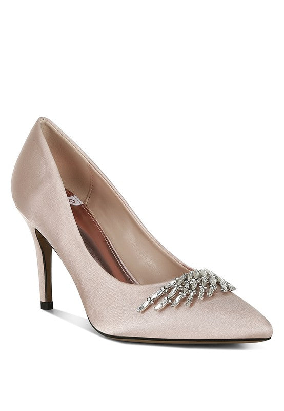 Rhodolia Diamante Brooch Detail Satin Pumps - Tigbul's Variety Fashion Shop