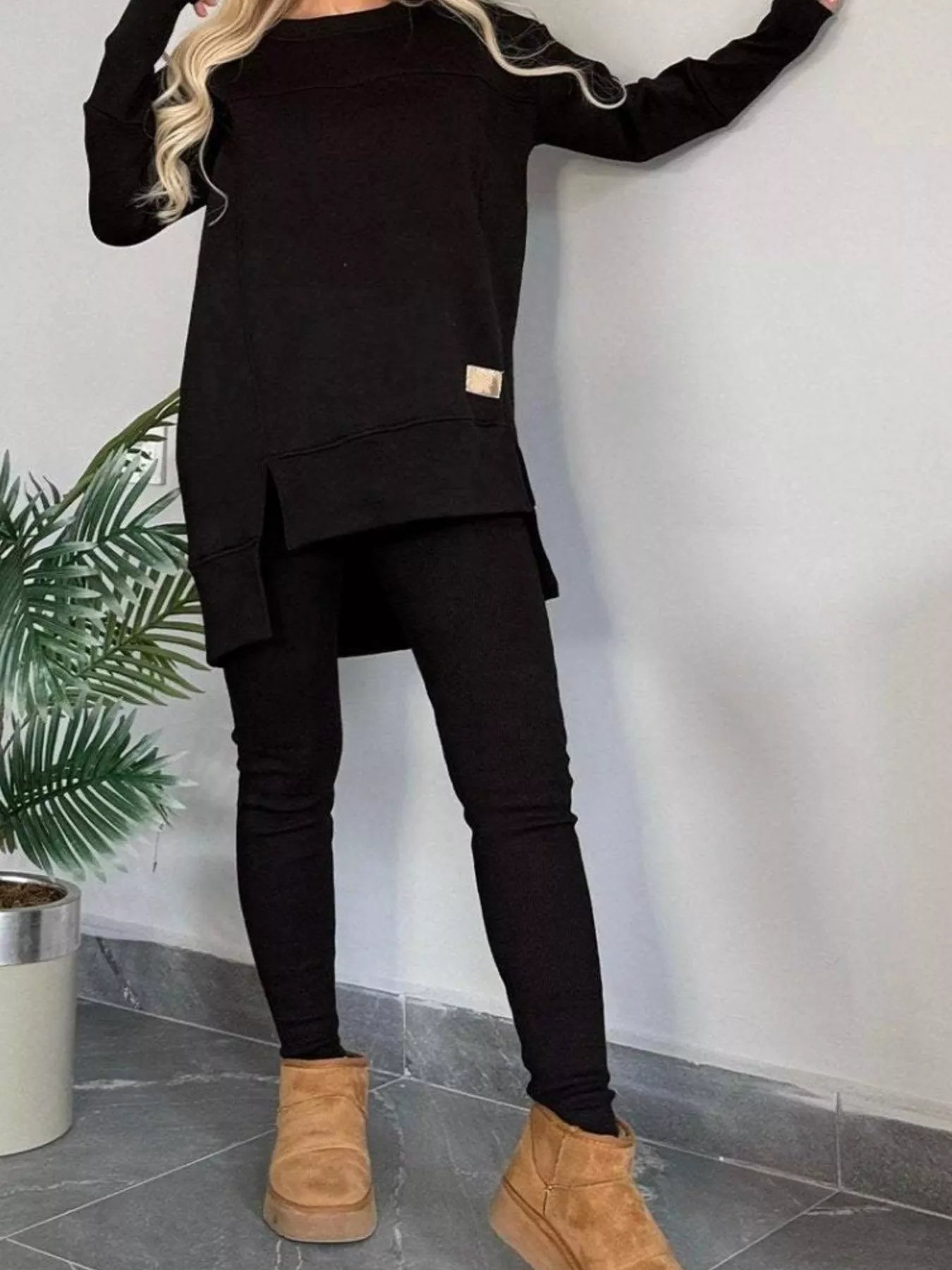 Full Size Slit Round Neck Top and Pants Set Plus Size - Tigbul's Variety Fashion Shop