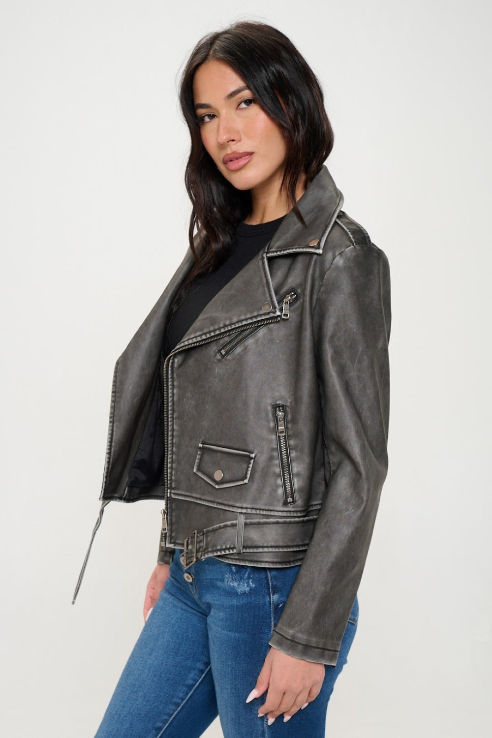 Coalition LA Zip Up Biker Jacket with Belt - Tigbul's Variety Fashion Shop