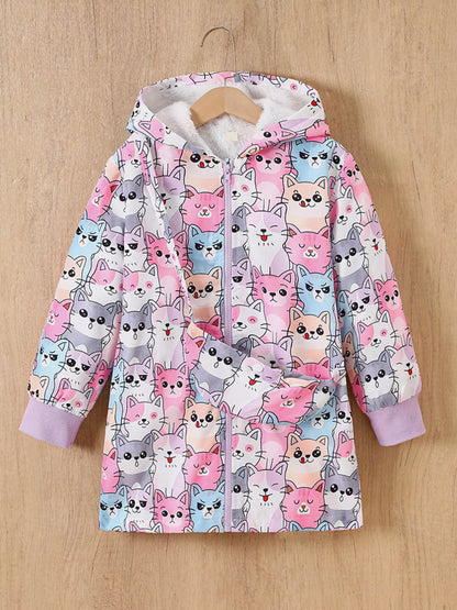 Children's Cartoon Cat Print Fleece Lined Hooded Jacket with Bag - Tigbuls