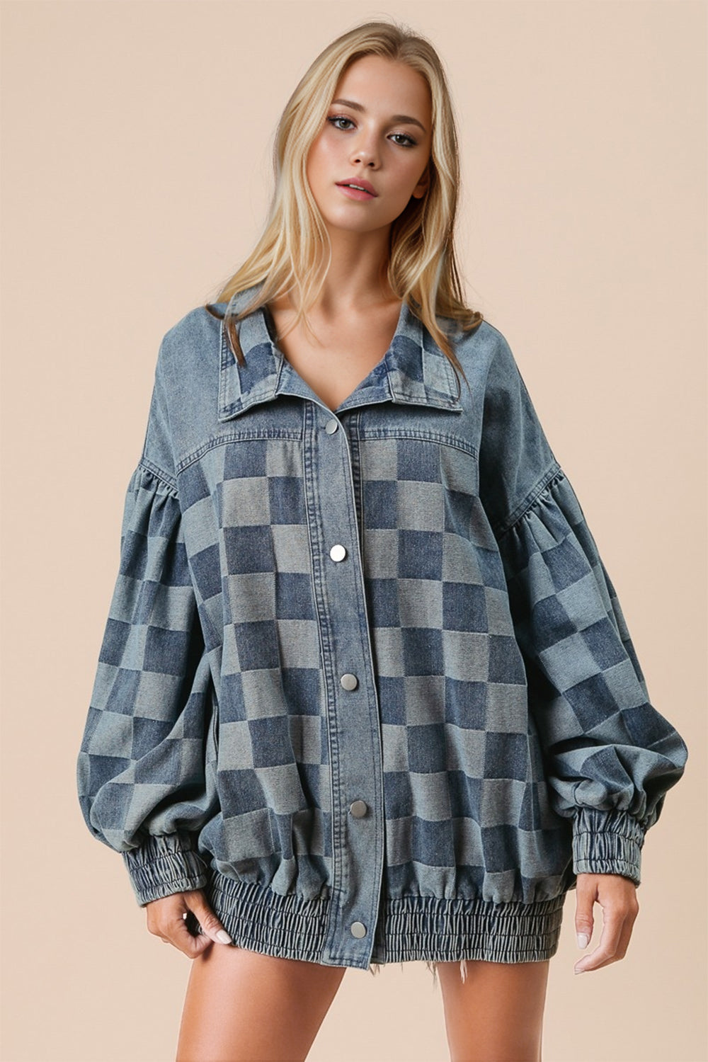 Double Take Checkered Button Up Denim Jacket - Tigbul's Variety Fashion Shop