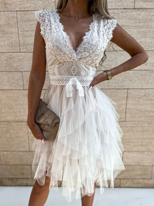 Lace V-Neck Ruffle Dress - Tigbul's Variety Fashion Shop