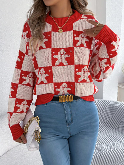 Christmas Checkerboard Gingerbread Round Neck Sweater - Tigbul's Variety Fashion Shop