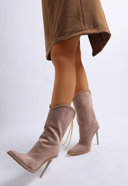 Ashipa Diamante Chain Detail Calf Boots 4 inch Heels - Tigbul's Variety Fashion Shop