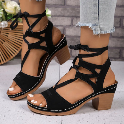 Lace-Up Block Heel Sandals - Tigbul's Variety Fashion Shop
