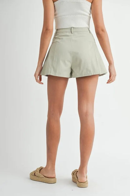Green Pleated High Waist Twill Shorts - Tigbul's Variety Fashion Shop