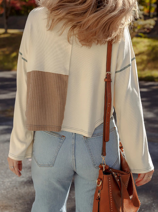 Color Block Waffle Knit Stitch Detail Long Sleeve Top - Tigbul's Variety Fashion Shop