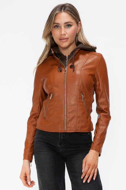 Faux Leather Zip Up Drawstring Hooded Jacket in Camel