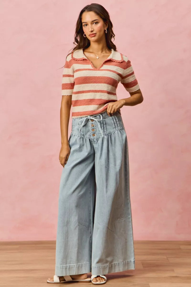 Pink Stripe Short Sleeve Cropped Sweater - Tigbul's Variety Fashion Shop