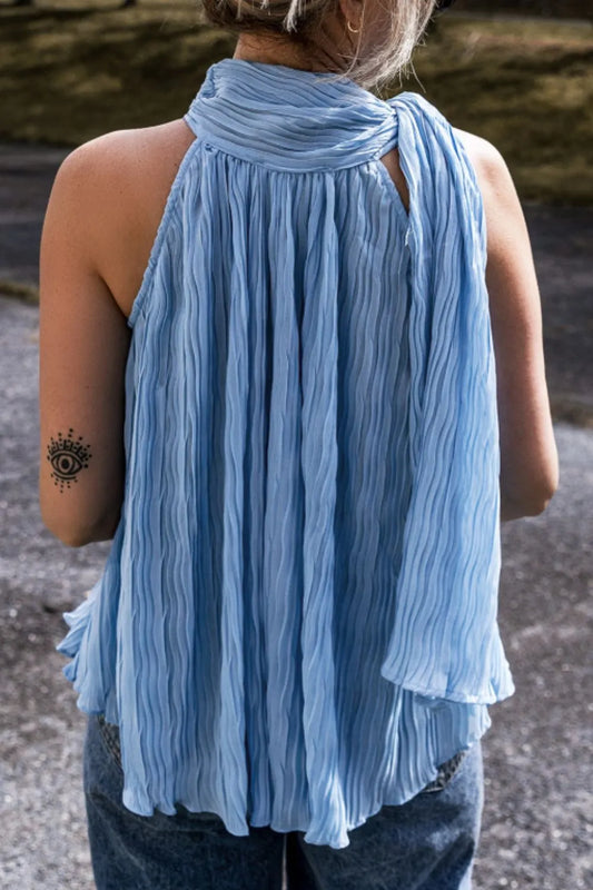 Textured Pleated Tied Mock Neck Flowy Blue Tank Top - Tigbul's Variety Fashion Shop