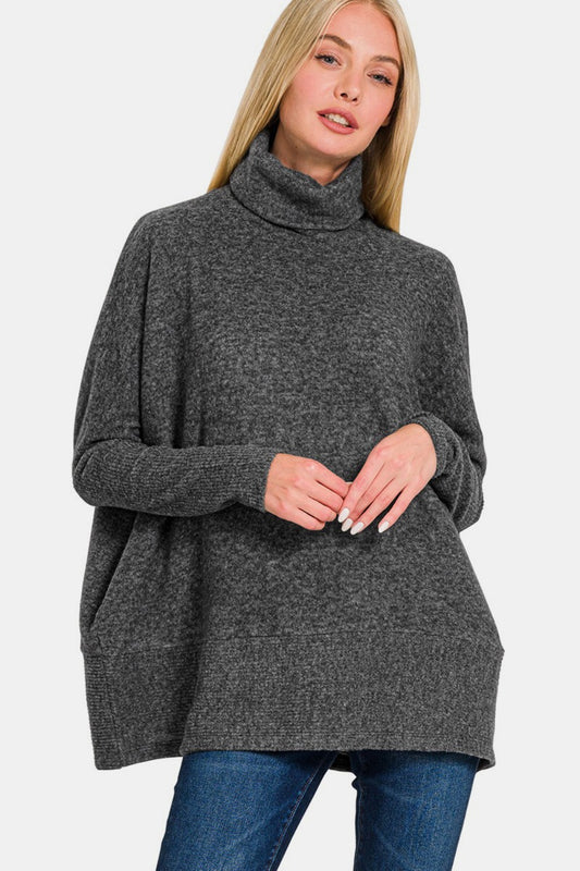 Black Brushed Melange Hacci Turtleneck Sweater - Tigbul's Variety Fashion Shop