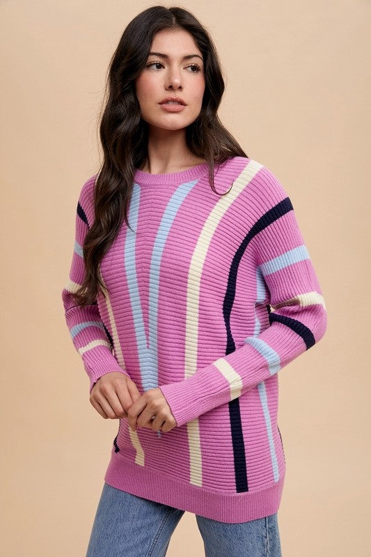 Annie Wear Chevron Stripe Round Neck Ribbed Sweater - Tigbul's Variety Fashion Shop