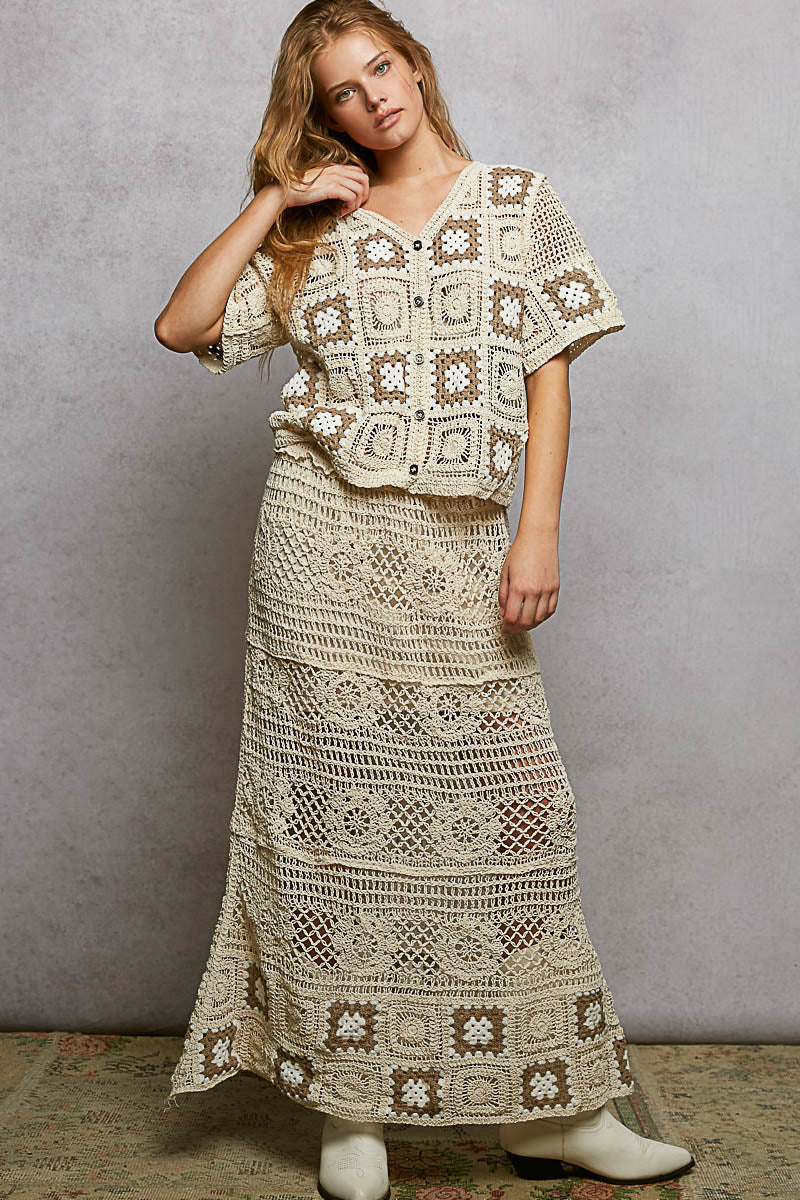 POL Floral Crochet Ruffled Waistband Maxi Skirt with Granny Square Weave | Tigbuls