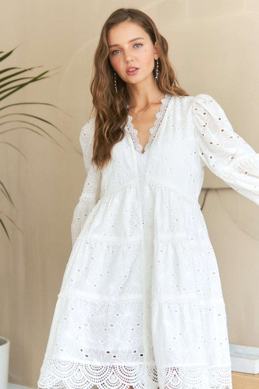 White Lace Detail Tiered Eyelet V-Neck Babydoll Dress - Tigbul's Variety Fashion Shop