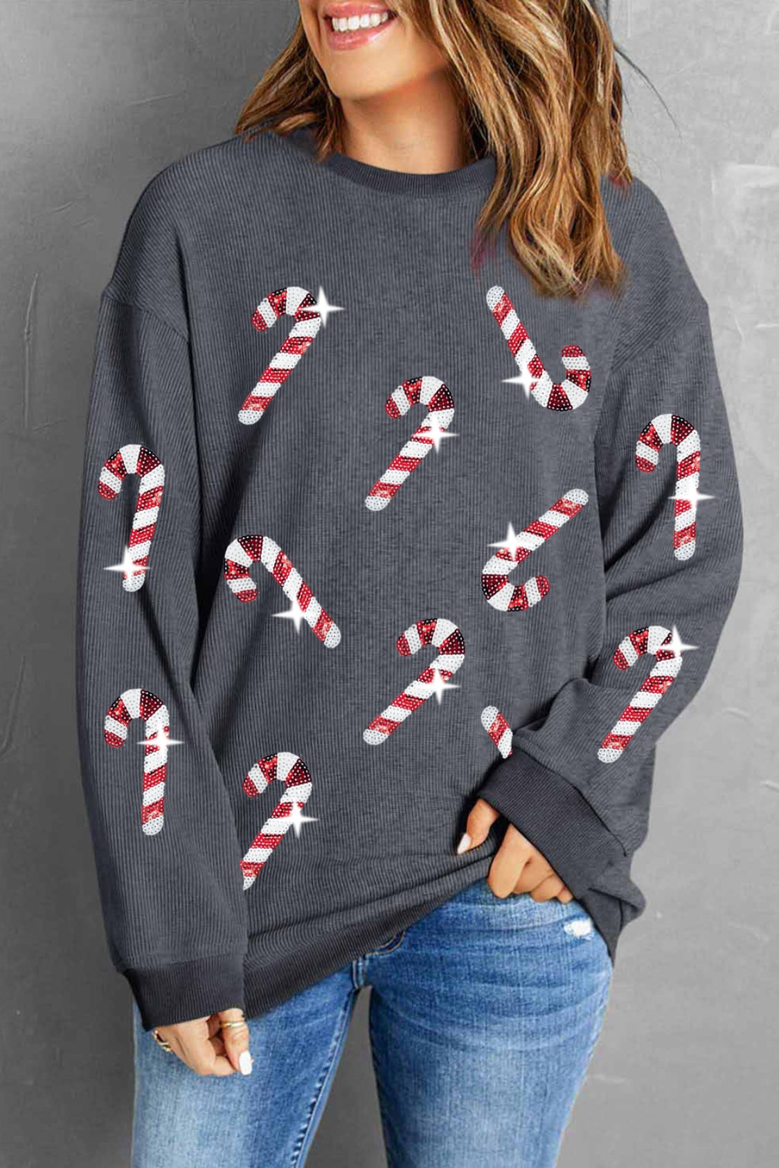 Sequin Candy Cane Round Neck Sweatshirt - Tigbul's Variety Fashion Shop