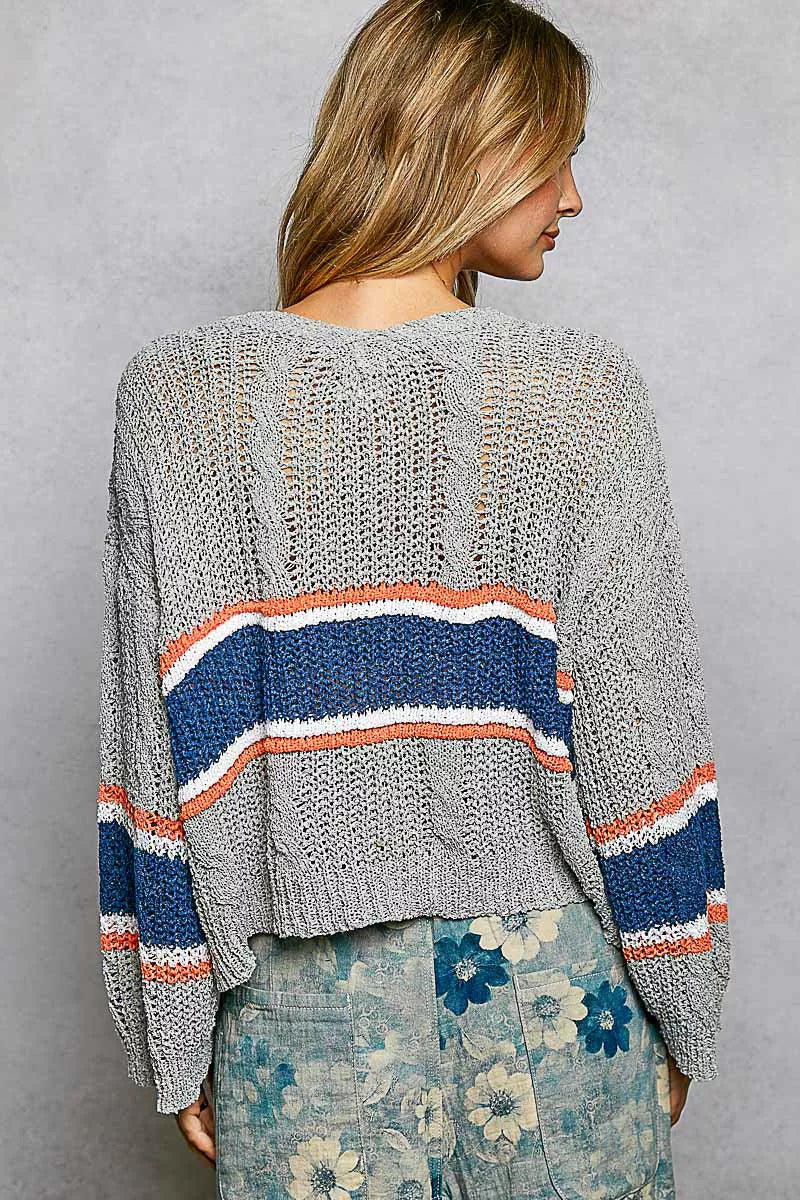 V-Neck Striped Pattern Cropped Knit Top with Cable Knit Detail - Tigbul's Variety Fashion Shop