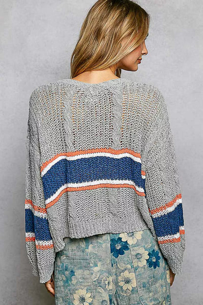 V-Neck Striped Pattern Cropped Knit Top with Cable Knit Detail - Tigbul's Variety Fashion Shop