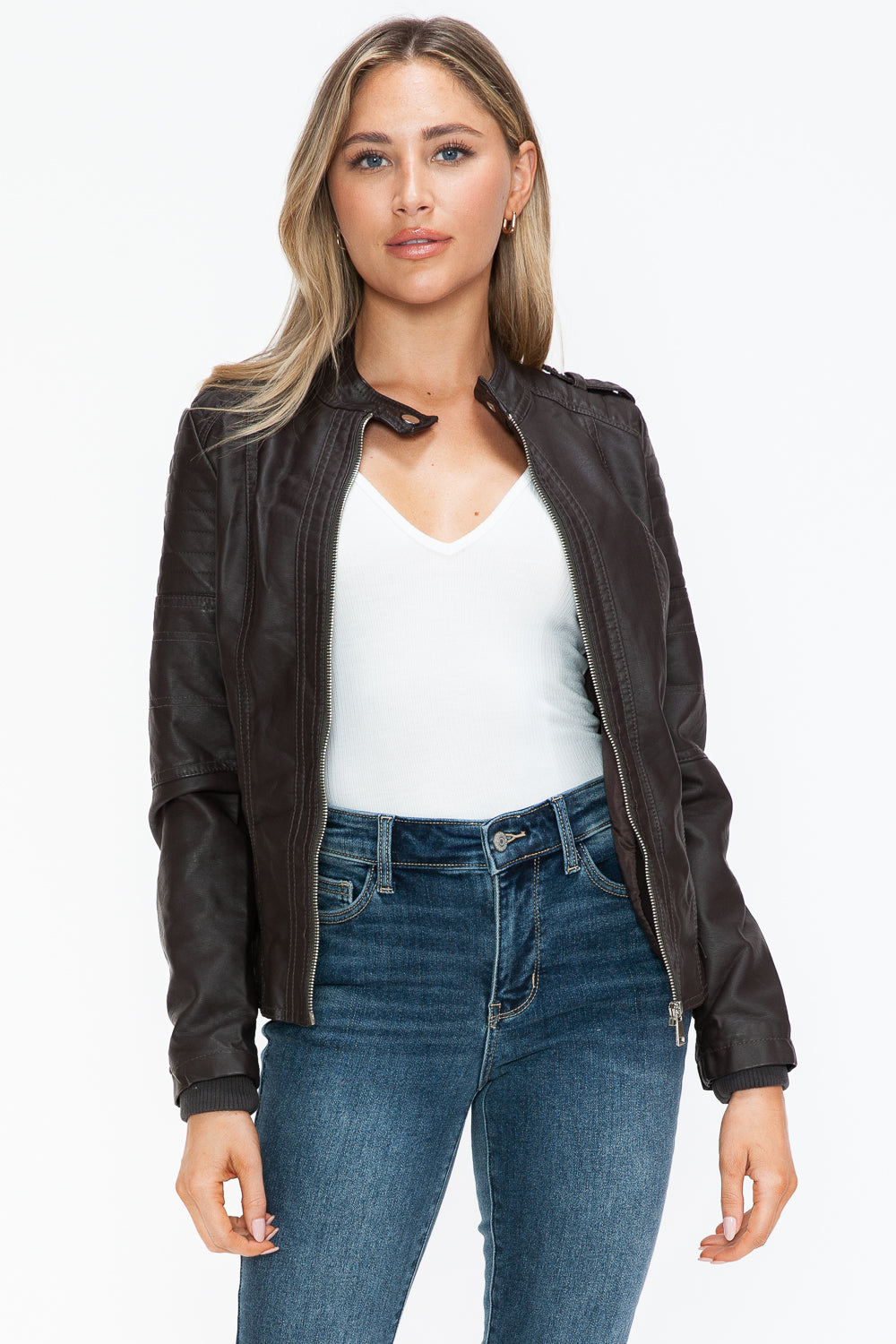 Brown PU Leather Biker Jacket with Side Zip Pockets