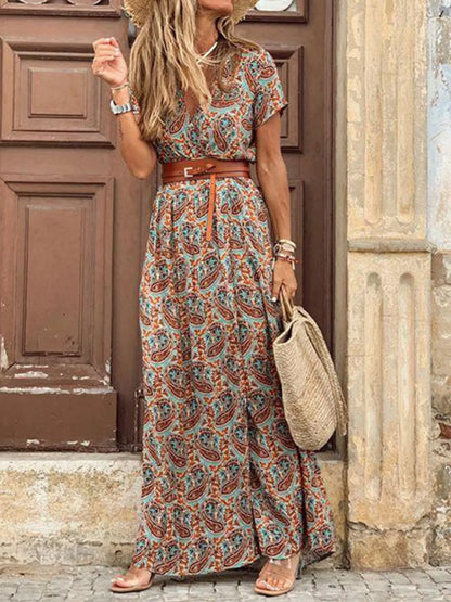 Full Size Printed V-Neck Short Sleeve Maxi Dress Plus Size - Tigbul's Variety Fashion Shop
