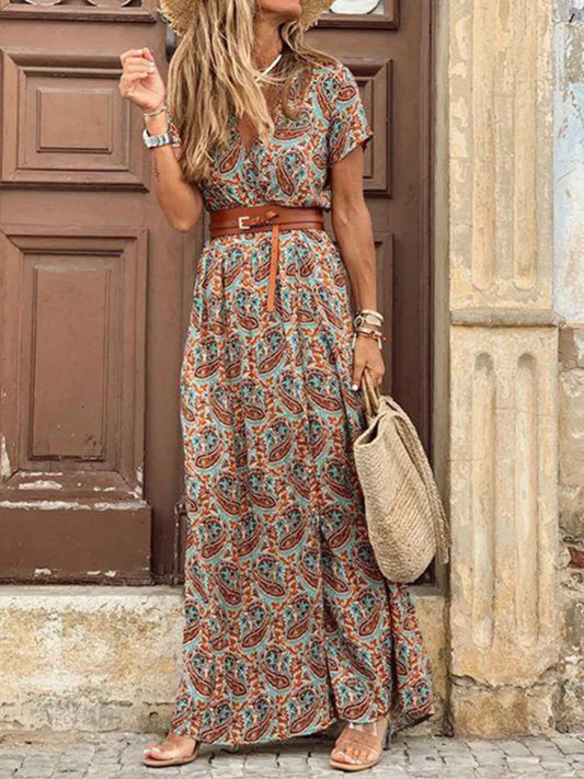 Full Size Printed V-Neck Short Sleeve Maxi Dress Plus Size - Tigbul's Variety Fashion Shop