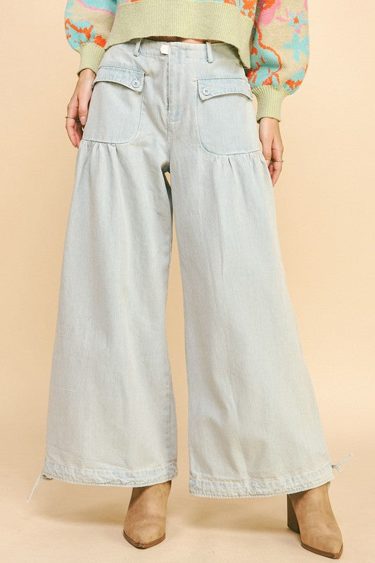 Davi & Dani Drawstring Hem Wide Leg Mid Rise Jeans - Tigbul's Variety Fashion Shop