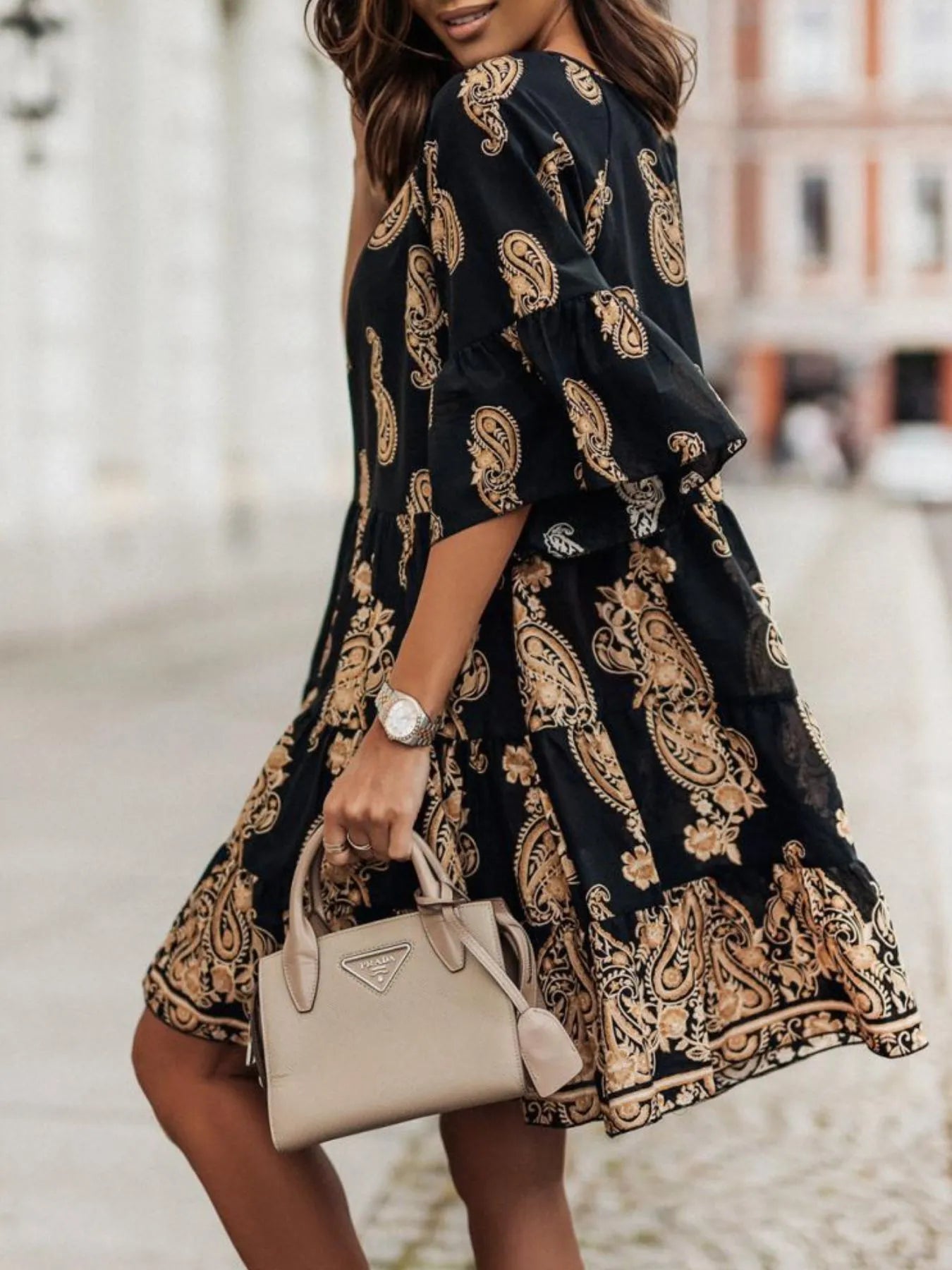 Paisley Print Tie Neck Half Sleeve Mini Dress - Tigbul's Variety Fashion Shop