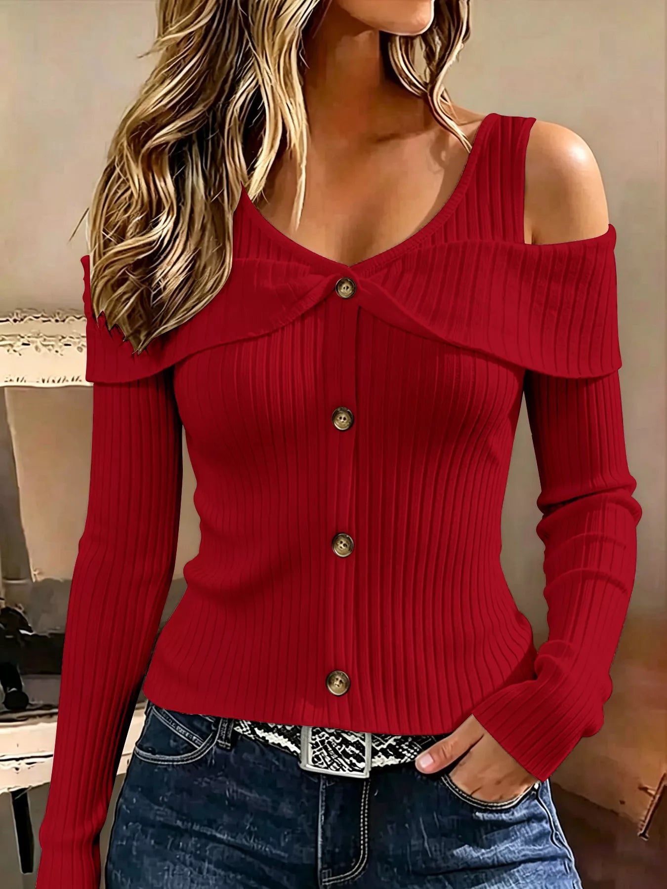Cold Shoulder Ribbed Knit Top | Tigbuls Variety Fashion Shop   