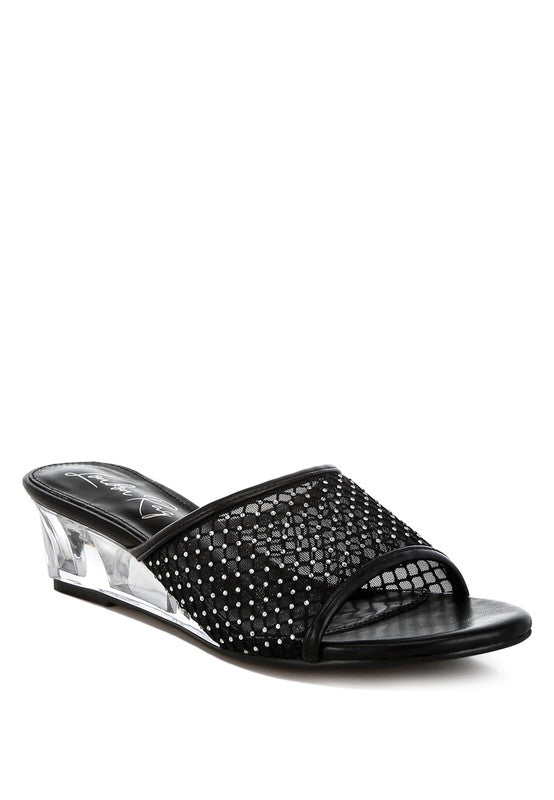 Tempra mesh clear-heel wedge sandals, black rhinestone dot upper and peep-toe
