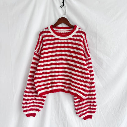 Oversized Striped Drop Shoulder Sweater - Tigbul's Variety Fashion Shop