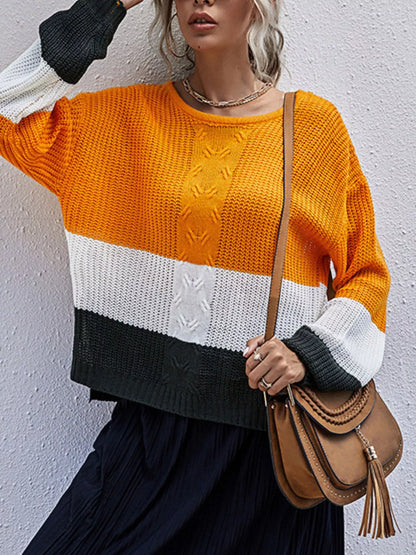 Color Block Round Neck Sweater - Tigbul's Variety Fashion Shop