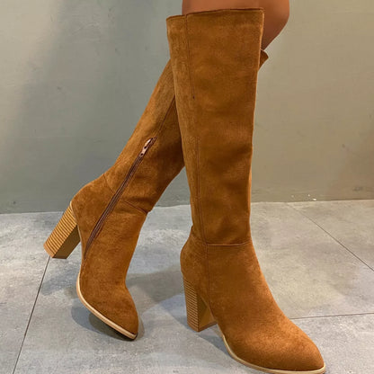 Point Toe Knee-High Suede Block Heel Boots - Tigbul's Variety Fashion Shop