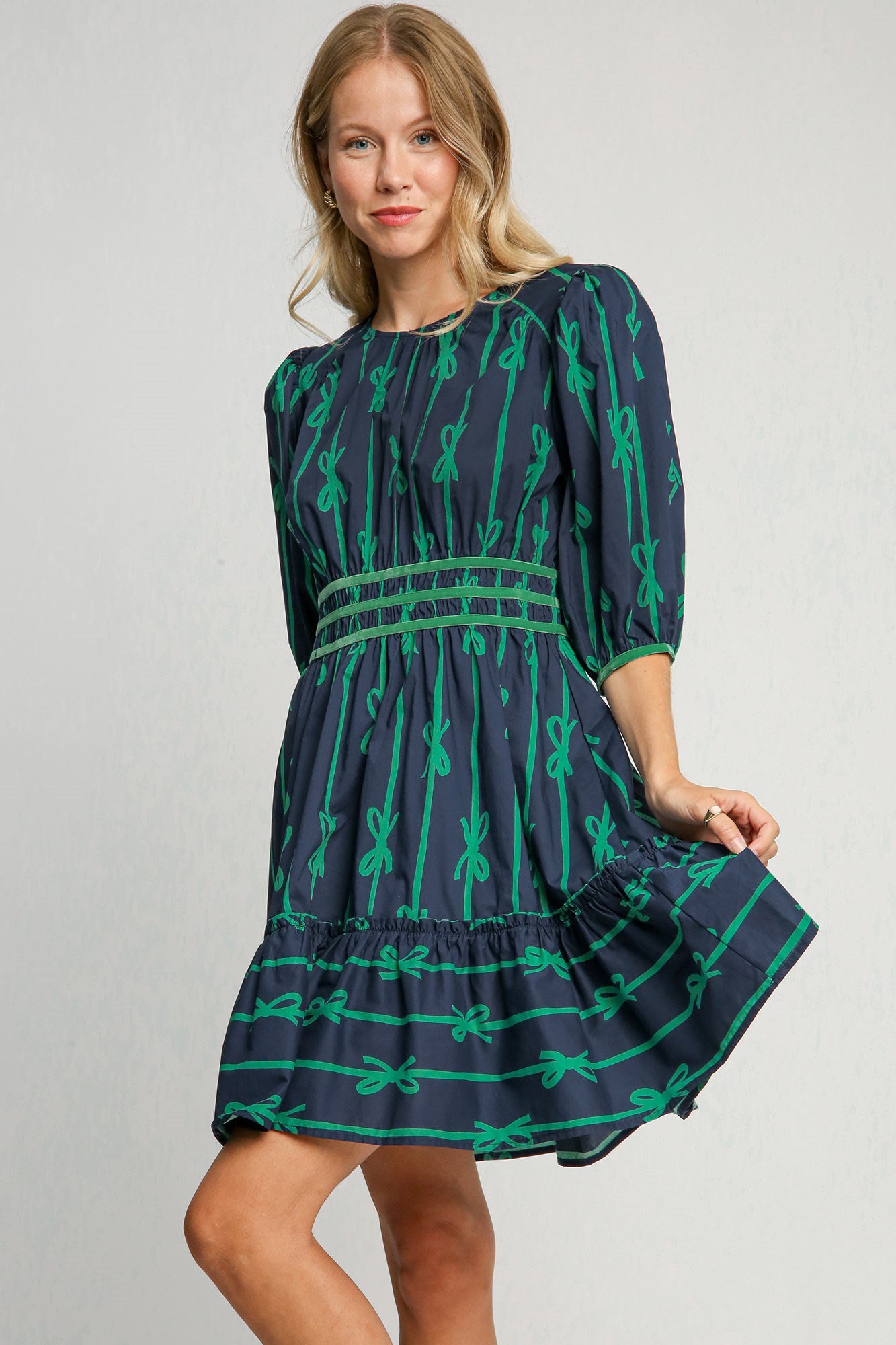 Umgee Ribbon Print Frill Contrast Velvet Trim Half Sleeve Dress - Tigbul's Variety Fashion Shop