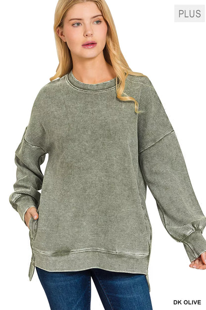 Zenana Full Size Acid Washed Double Ribbed Hi-low Sweatshirt Plus Size - Tigbul's Variety Fashion Shop