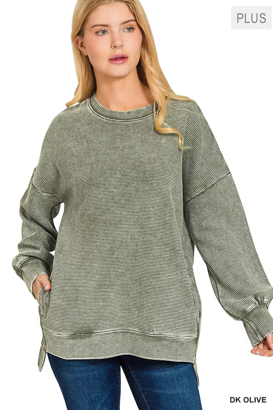 Zenana Full Size Acid Washed Double Ribbed Hi-low Sweatshirt Plus Size - Tigbul's Variety Fashion Shop