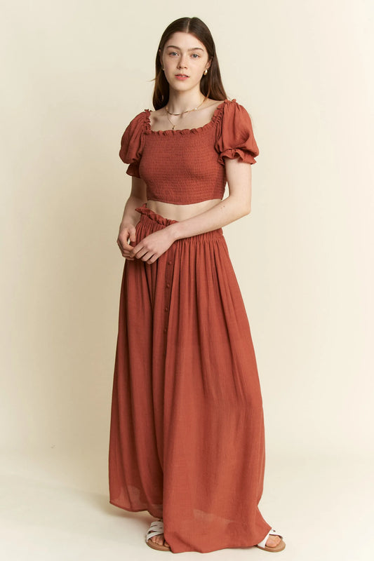 Rust Color 2 Piece Crop Top and Skirt Set - Tigbul's Variety Fashion Shop