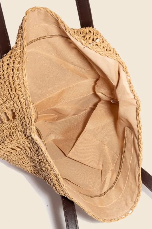 Tan Straw Braided Rounded Tote Bag - Tigbul's Variety Fashion Shop
