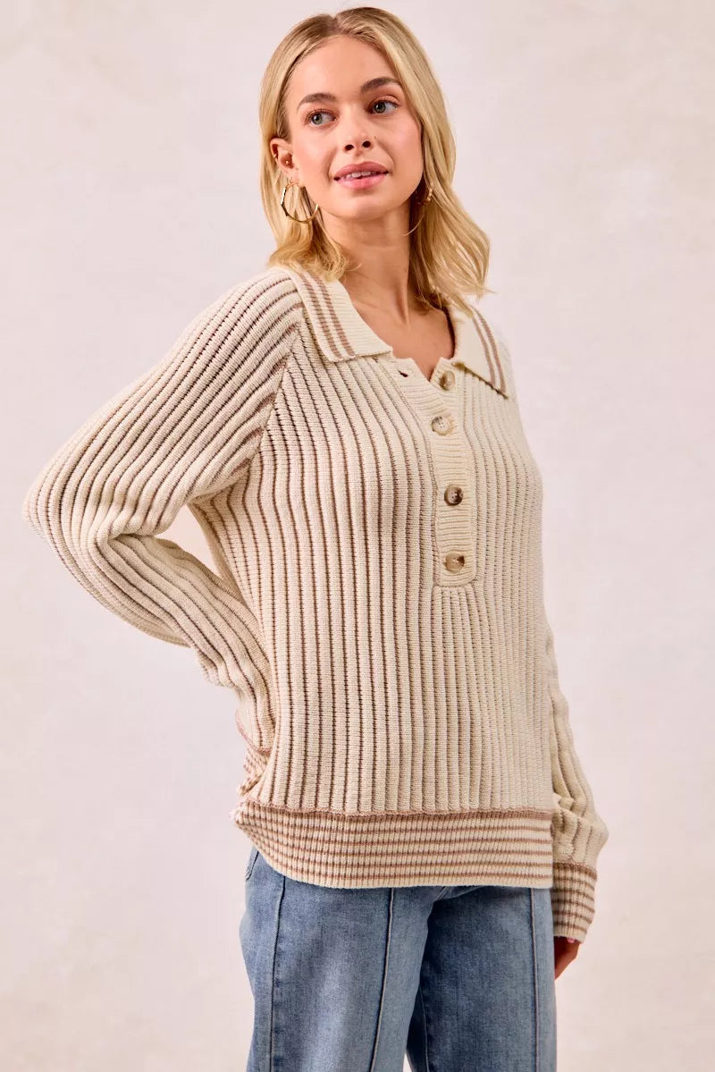 BiBi Half Button Ribbed Two Tone Sweater - Tigbul's Variety Fashion Shop