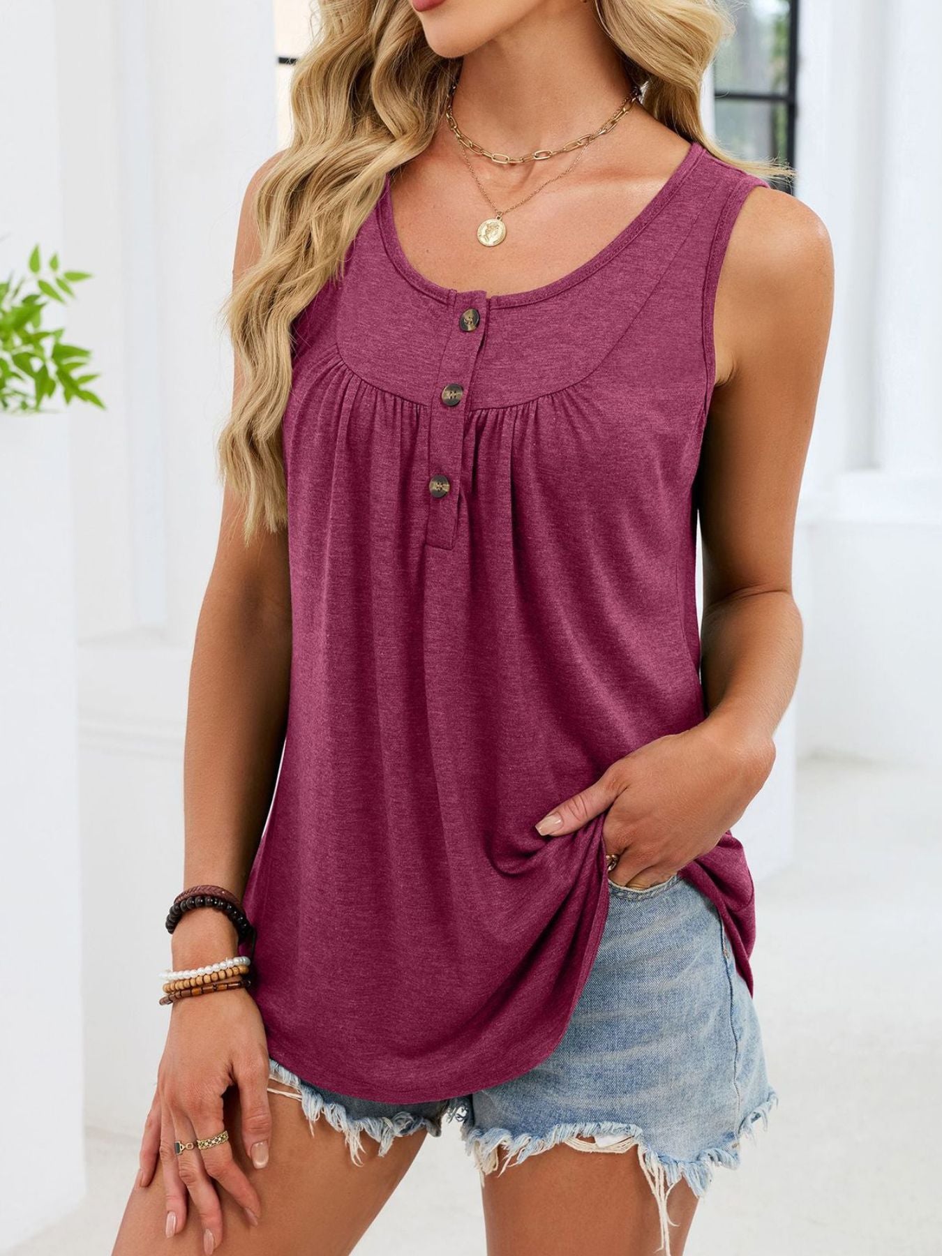 Wine red button-front round neck tank with gathered neckline and sleeveless fit