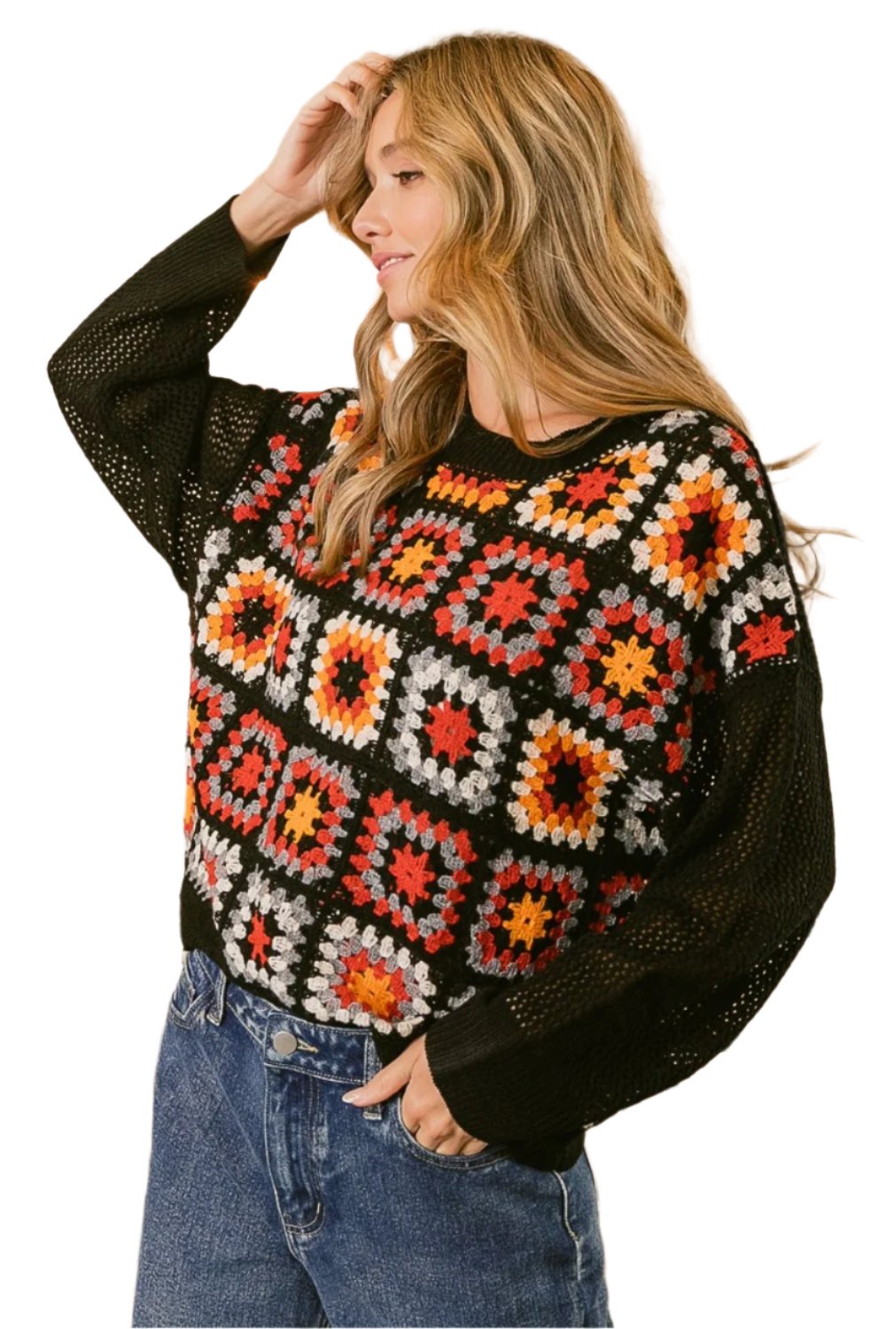 Ladies Granny Square Front Long Sleeve Top - Tigbul's Variety Fashion Shop