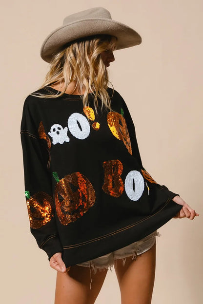BiBi Halloween Theme Sequin Embroideries Sweatshirt - Tigbul's Variety Fashion Shop
